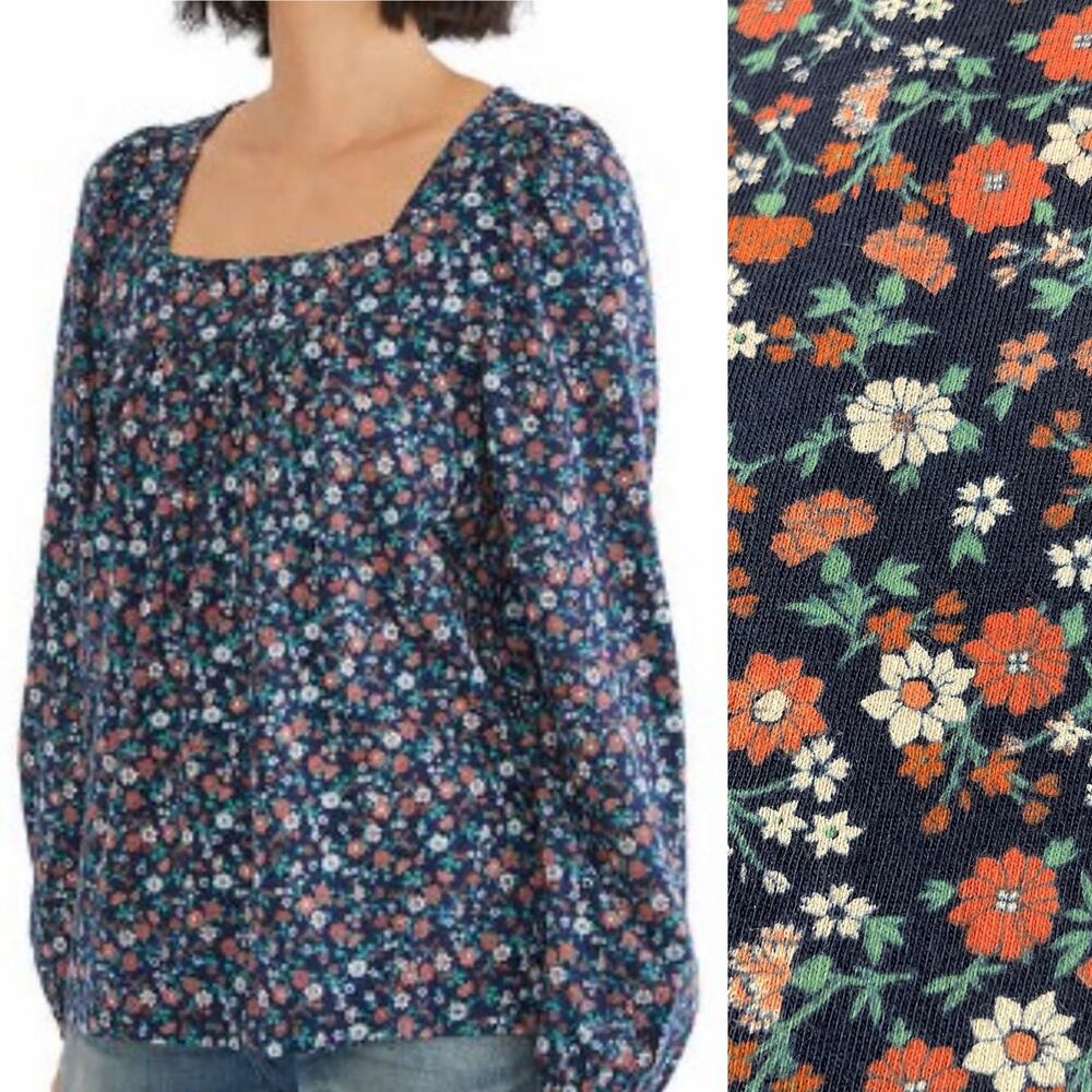 Lucky Brand Floral Top Square Neck Long Sleeve Jersey Knit Navy Blue Med Shirt